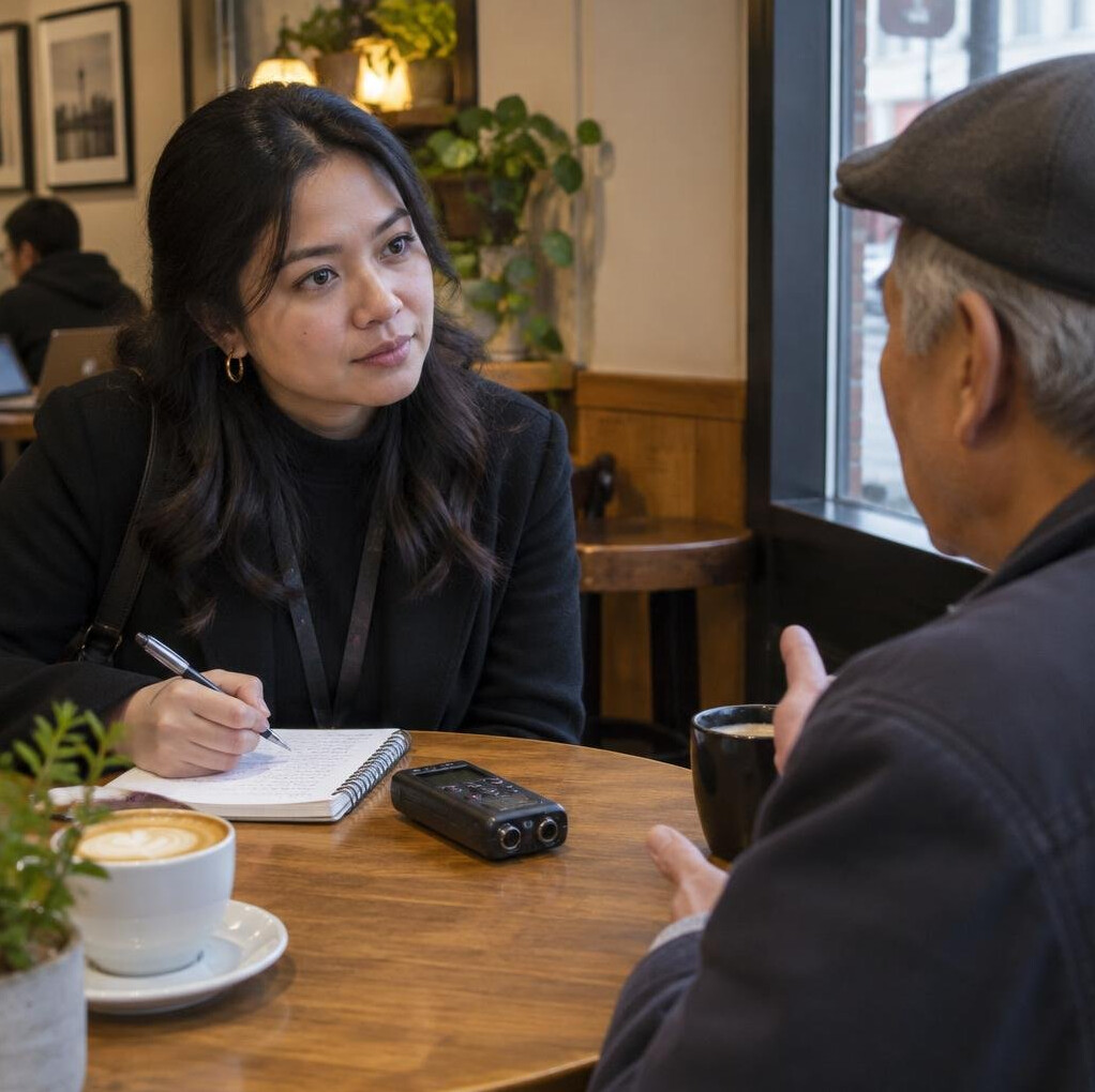 Two people having a conversation with a notebook and recorder on a table