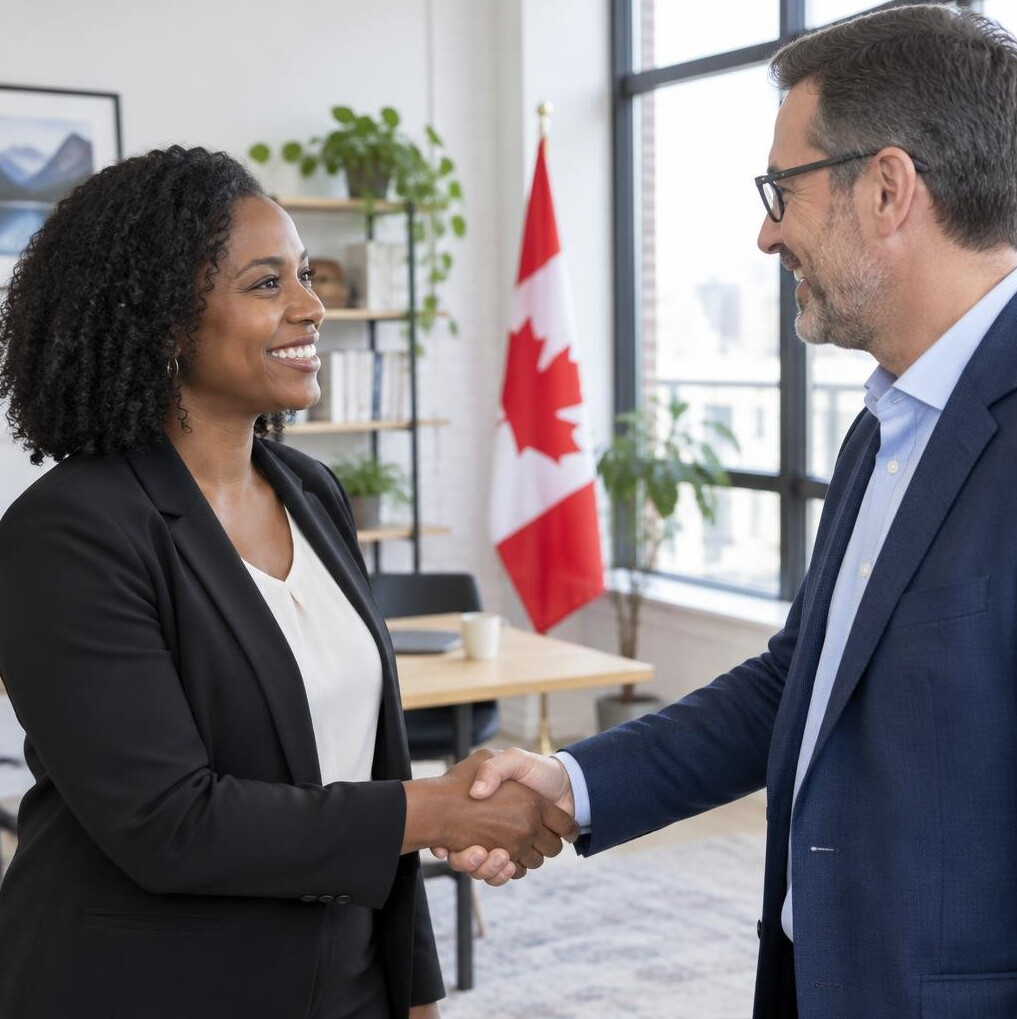 Two professionals shaking hands in an office
