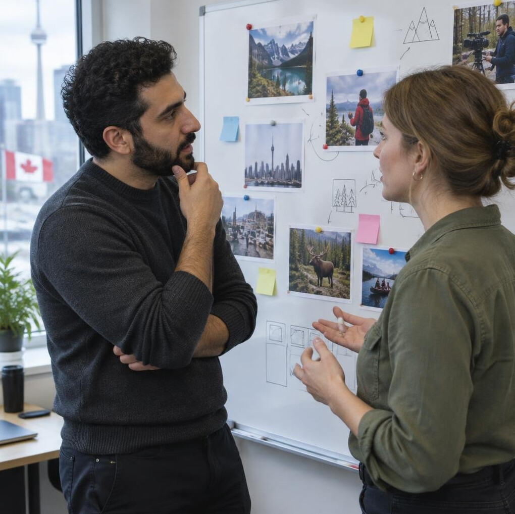 Two colleagues planning a story on a whiteboard